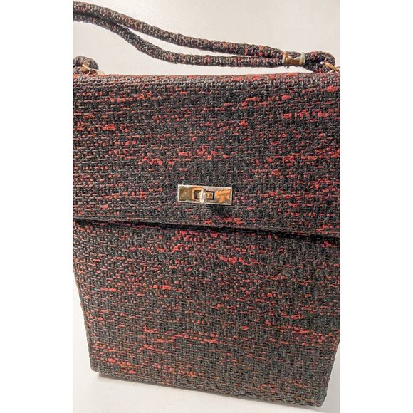 1960s Vintage Black Red Tweed Weave Medium Size Handbag Purse - Picture 7 of 14
